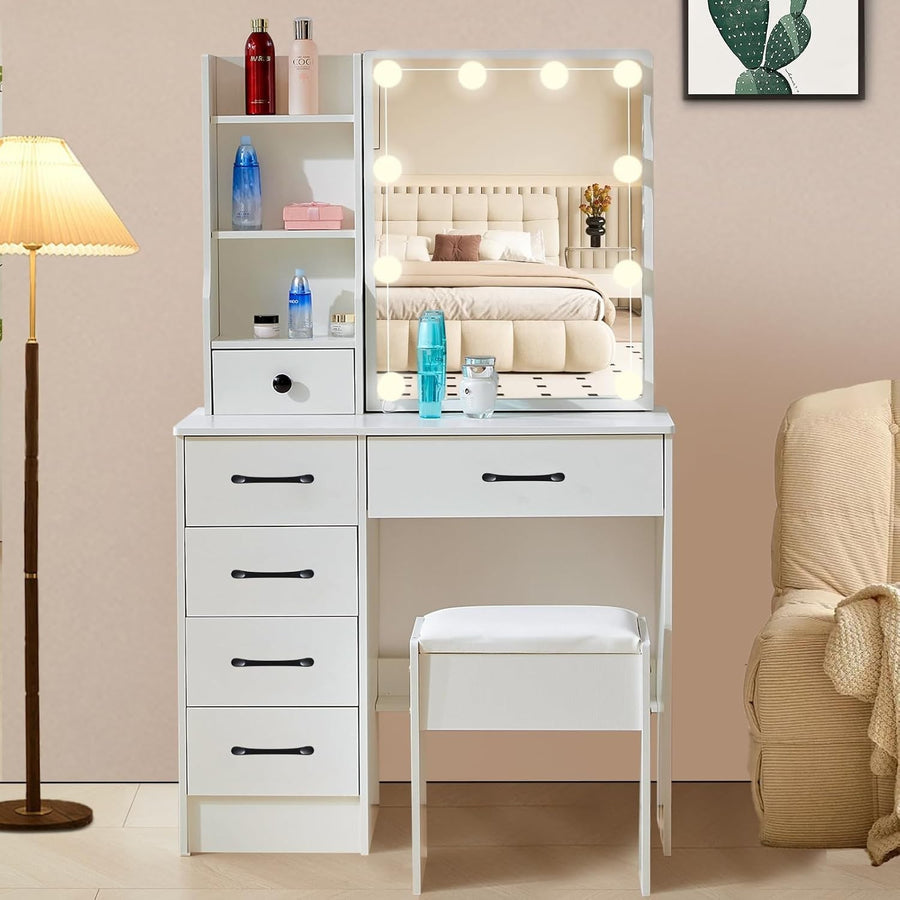White Modern Vanity Makeup Desk Set LED Mirror Dressing Table 6 Drawers Storage