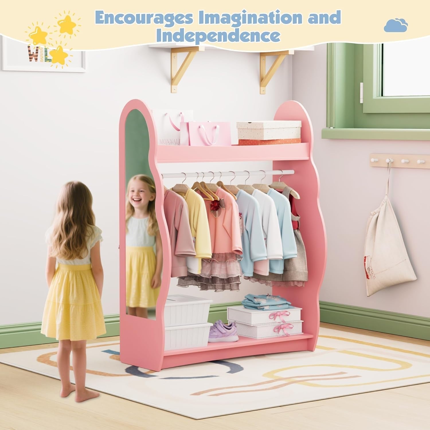 Kids Wardrobe with Mirror & Hanging Rail, No Drawer, Pink Cloud Design