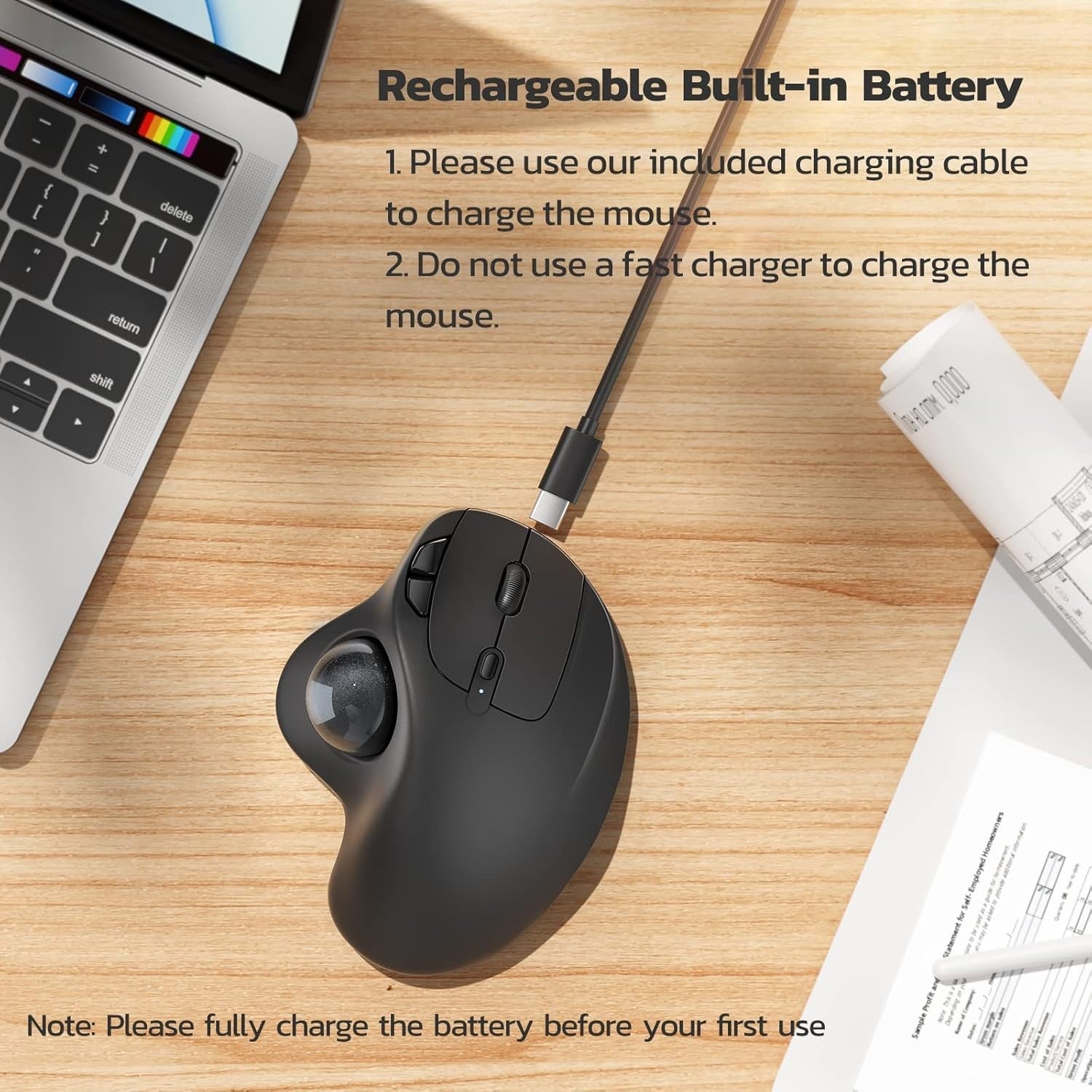 Ergonomic Wireless Trackball Mouse Rechargeable Bluetooth USB 3 Mode