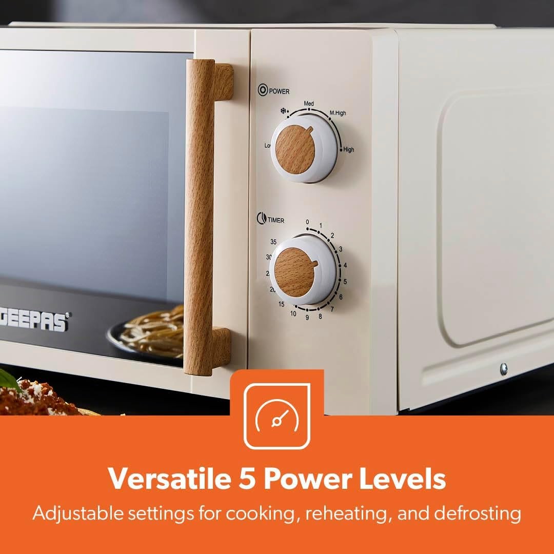 Geepas 20L Microwave Oven 700W Solo 5 Power Levels Cream Compact