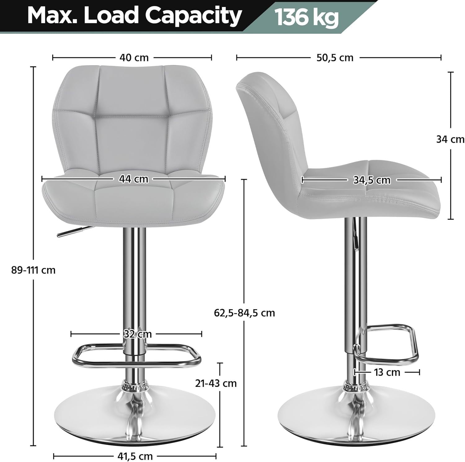 Swivel Bar Stools Set of 4 Light Grey PU Adjustable Counter Chairs