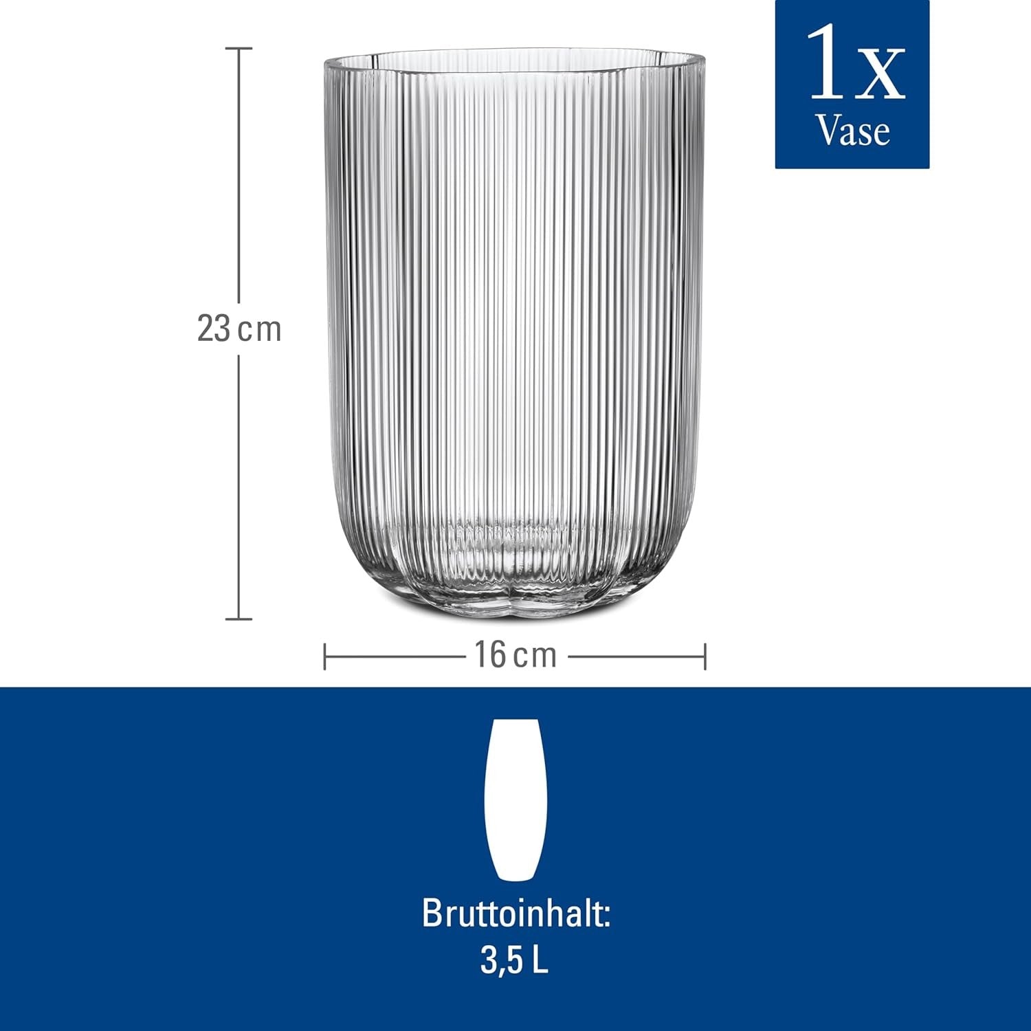 Large Clear Glass Flower Vase 22.5cm Ribbed Modern Table Home Decor