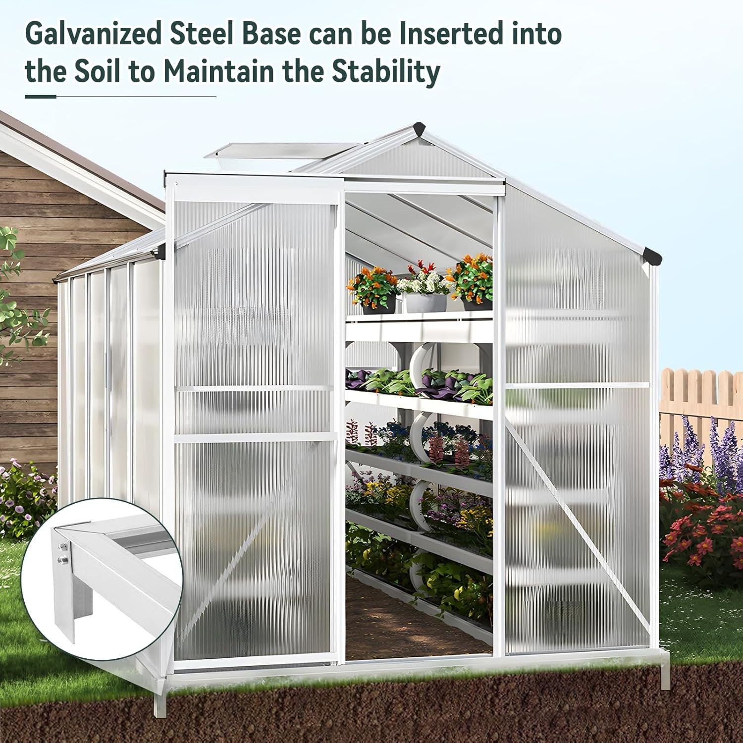 10x6FT Walk-In Polycarbonate Greenhouse with Base – Aluminium Frame