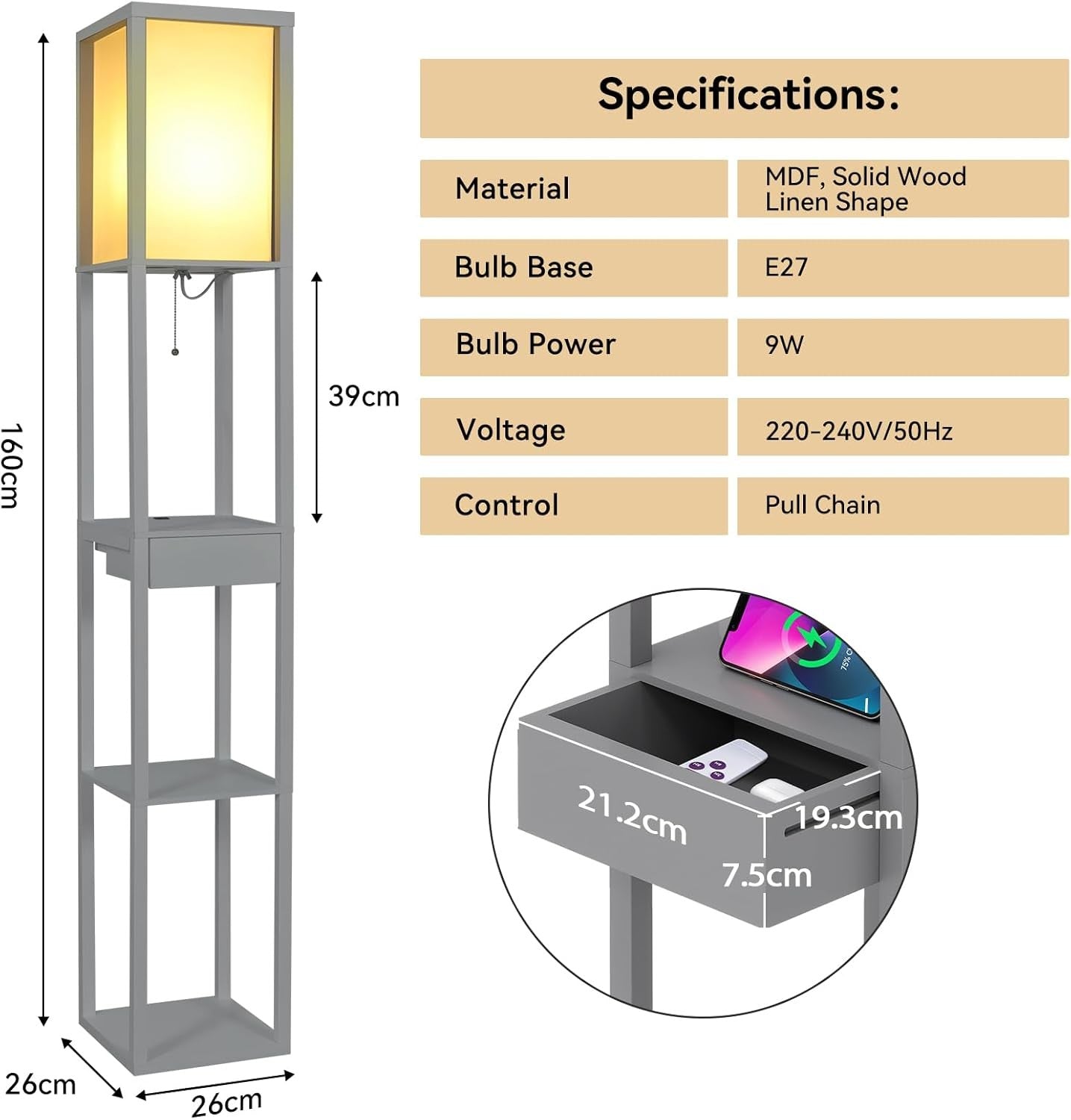 Floor Lamp with Shelves Storage LED Light USB Charging Drawer Modern Grey