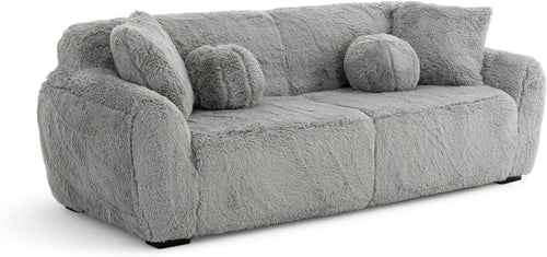 Grey Plush 3 Seater Sofa Deep Seat Fluffy Teddy Fabric Comfy Lounge Couch