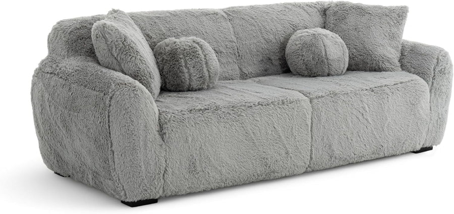 Grey Plush 3 Seater Sofa Deep Seat Fluffy Teddy Fabric Comfy Lounge Couch