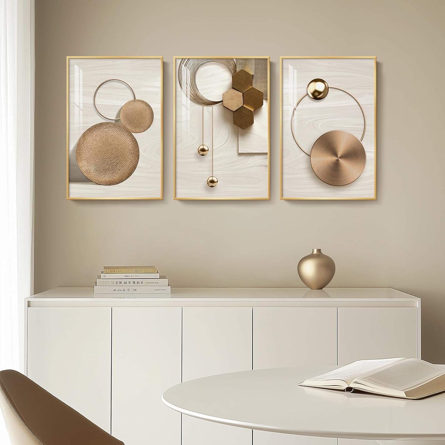 Framed Gold Wall Art Set of 3 Modern Geometric Prints