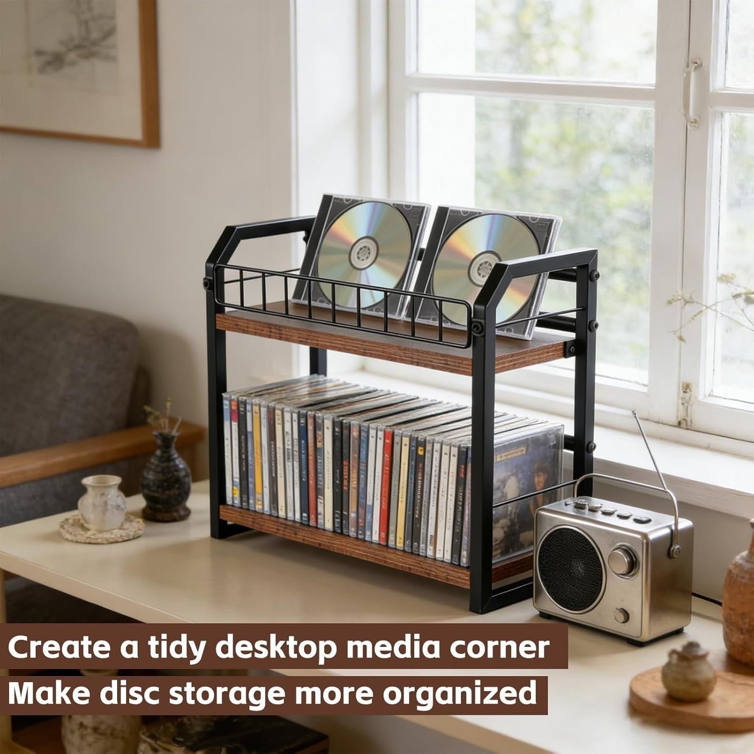 2 Tier CD Storage Rack Vinyl Record Shelf Organizer Holds 60 Discs