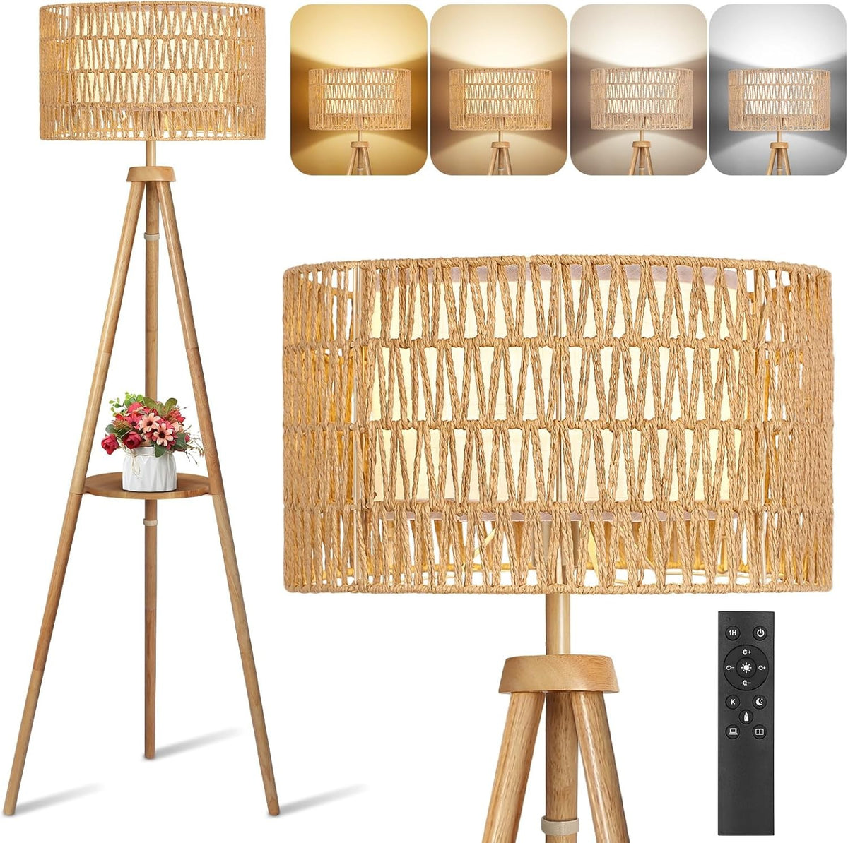 Wooden Tripod Floor Lamp Rattan Double Shade Remote Dimmable Boho Light