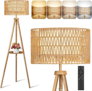 Wooden Tripod Floor Lamp Rattan Double Shade Remote Dimmable Boho Light