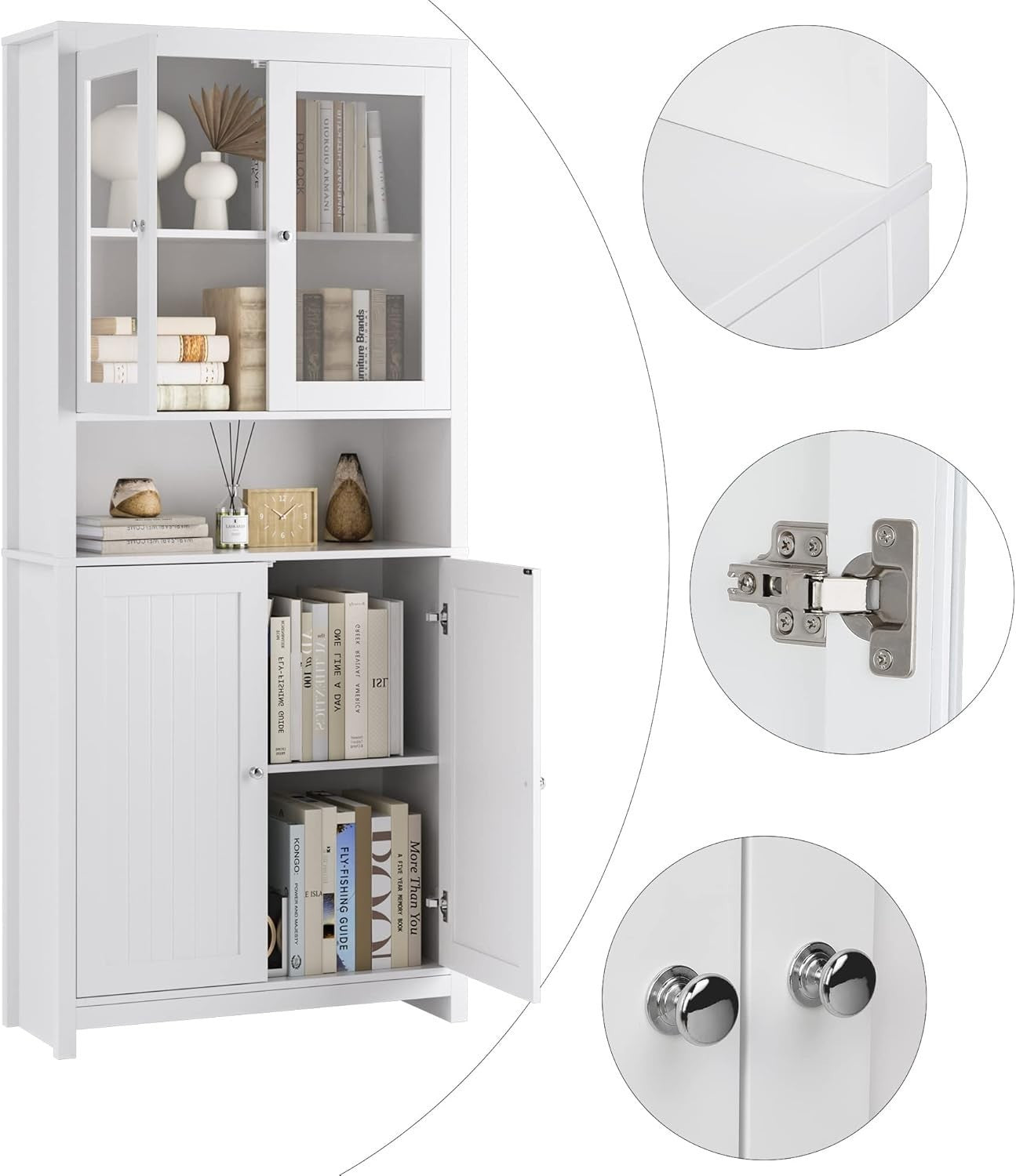 White Tall Kitchen Cupboard 190cm Pantry Cabinet Glass & Wood Doors