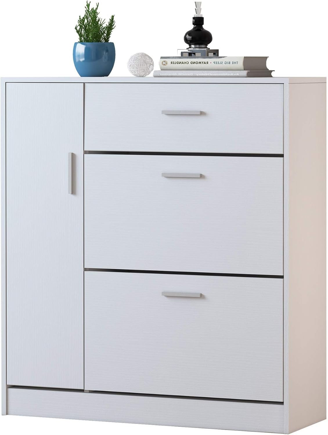 Space-Saving 2 Drawer Shoe Cabinet with Pull-Down Doors – 20 Pair Storage White