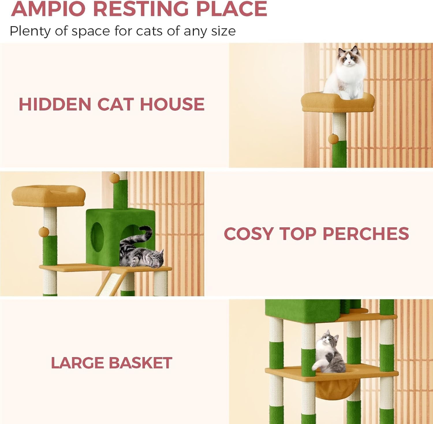 208cm Tall Cat Tree Tower Green Yellow Anti-Tip Multi-Level Condo Scratcher