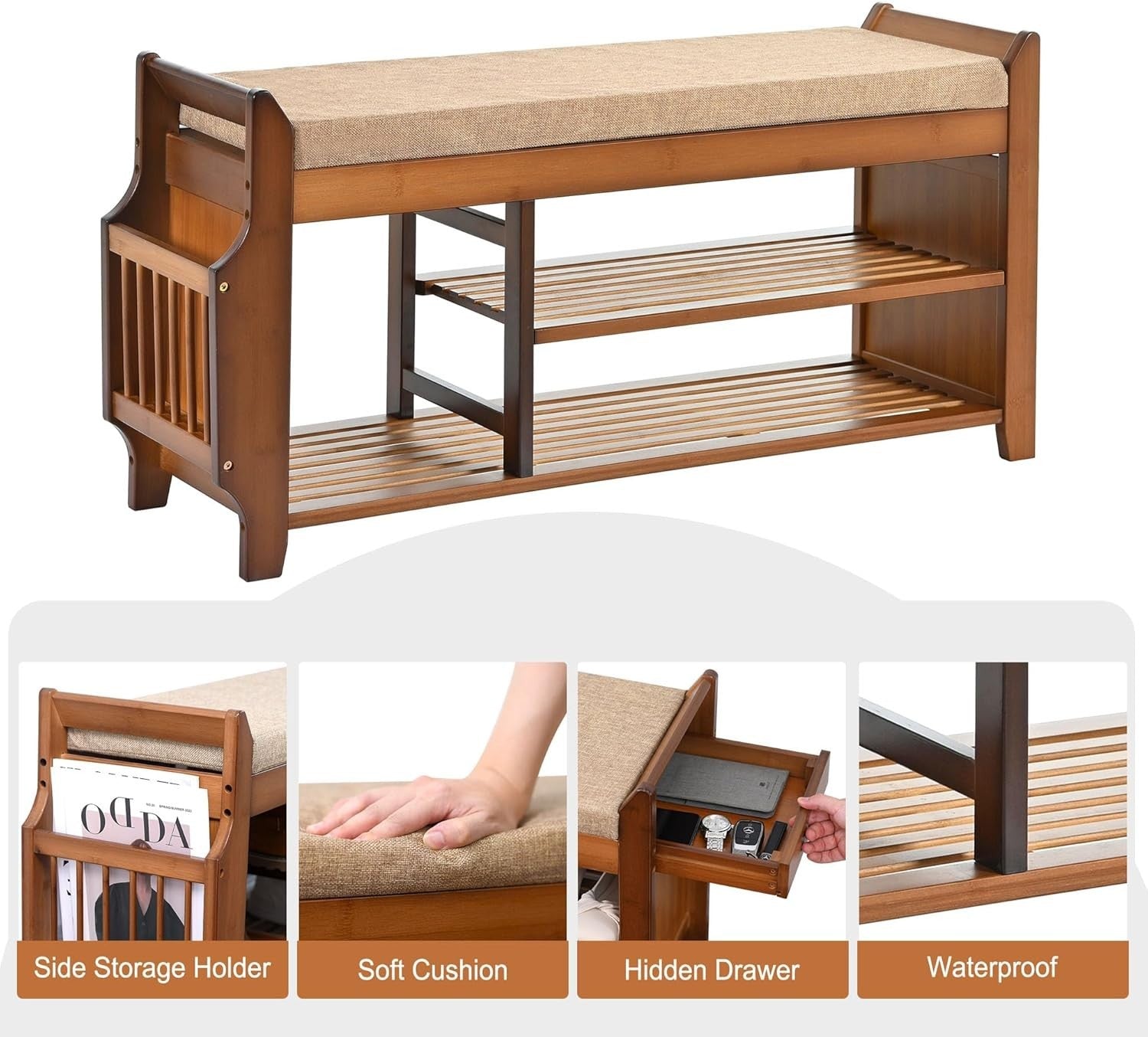 Bamboo Shoe Storage Bench 2 Tier with Cushion Drawer Side Holder Brown 39inch