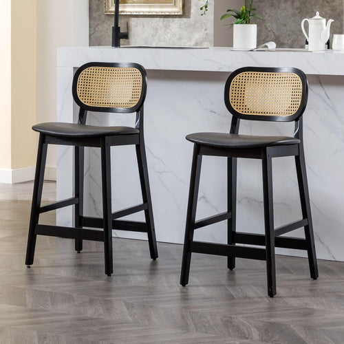 Rattan Bar Stools Set of 2 Counter Height Black Wooden Kitchen Island Chairs
