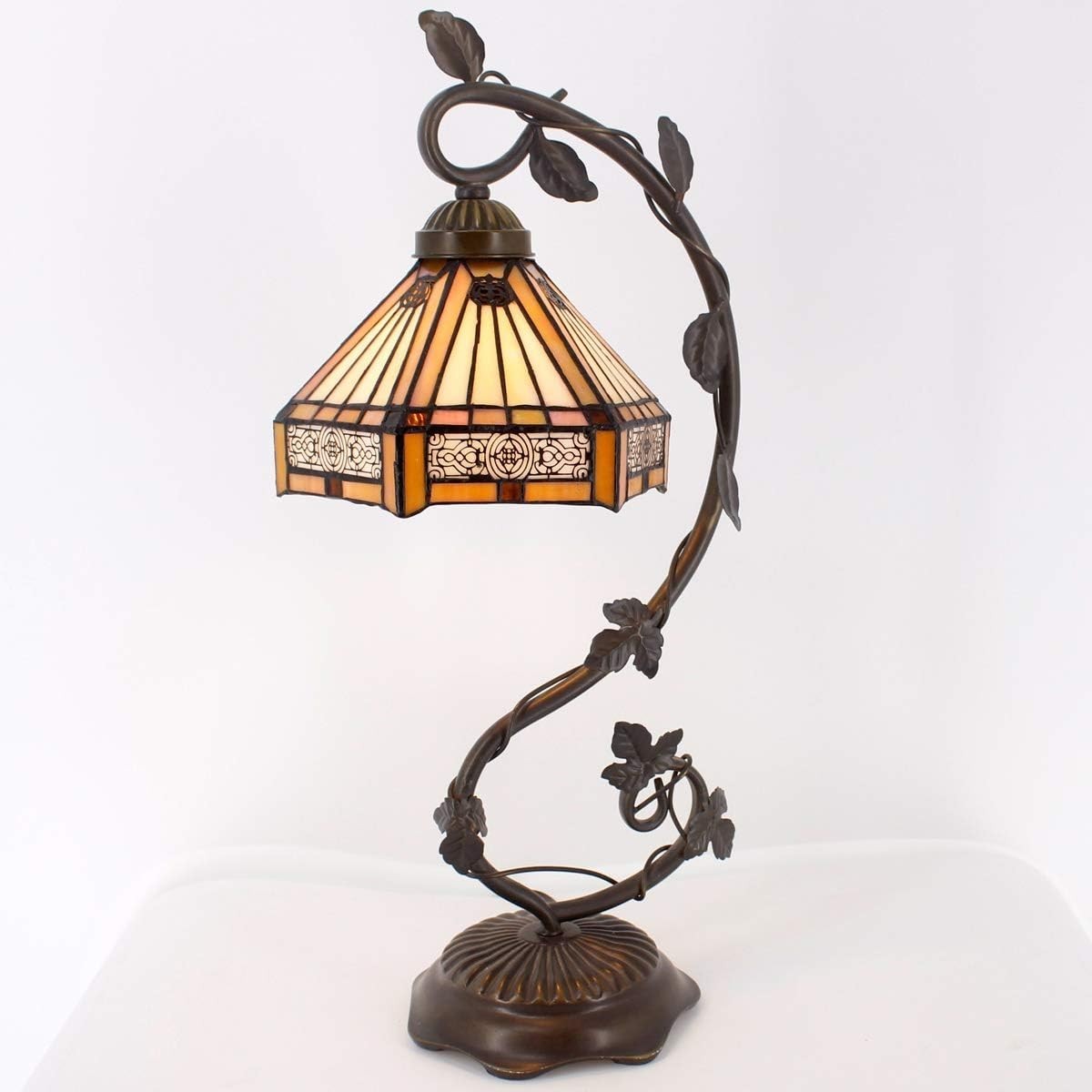 Stained Glass Tiffany Desk Lamp Antique Metal Leaf Base Bedside Reading Light