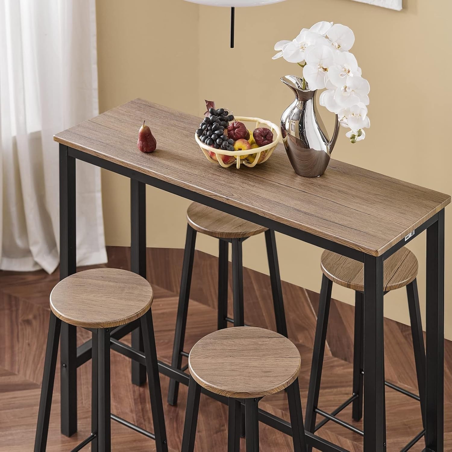5-Piece Breakfast Bar Table Set with 4 Stools Wood Grain Top Metal Frame