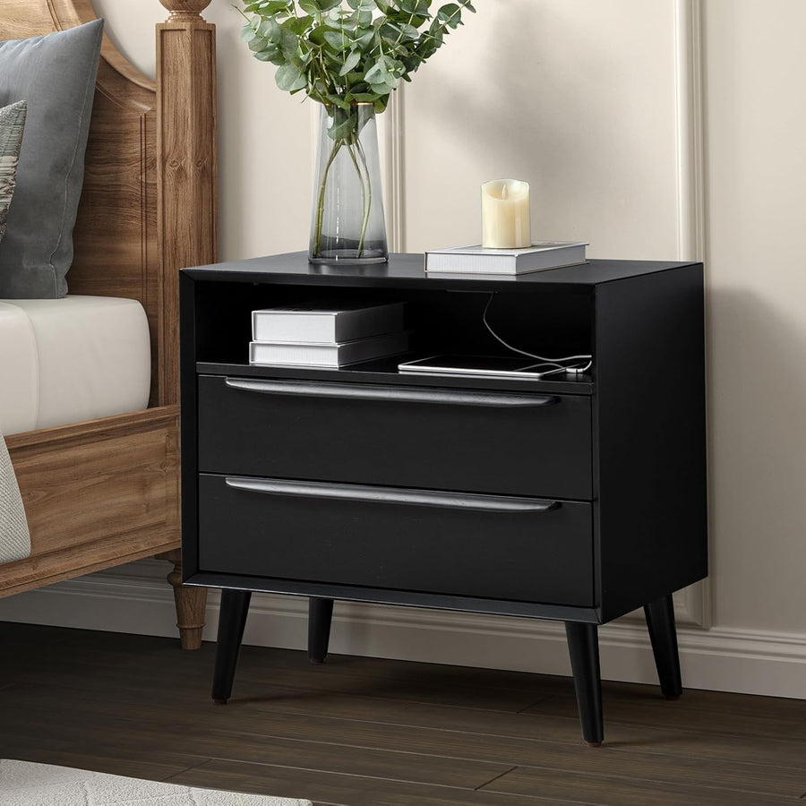 Modern Black Wooden Bedside Table with 2 Drawers & Open Shelf