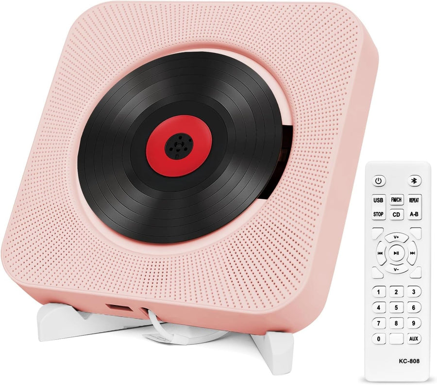 Pink Bluetooth CD Player Wall Mount Desktop HiFi Speakers FM Radio Remote