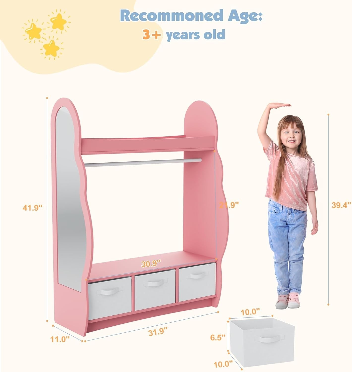 Kids Wardrobe with Mirror, 3 Drawers & Hanging Rail, Pink Cloud Design