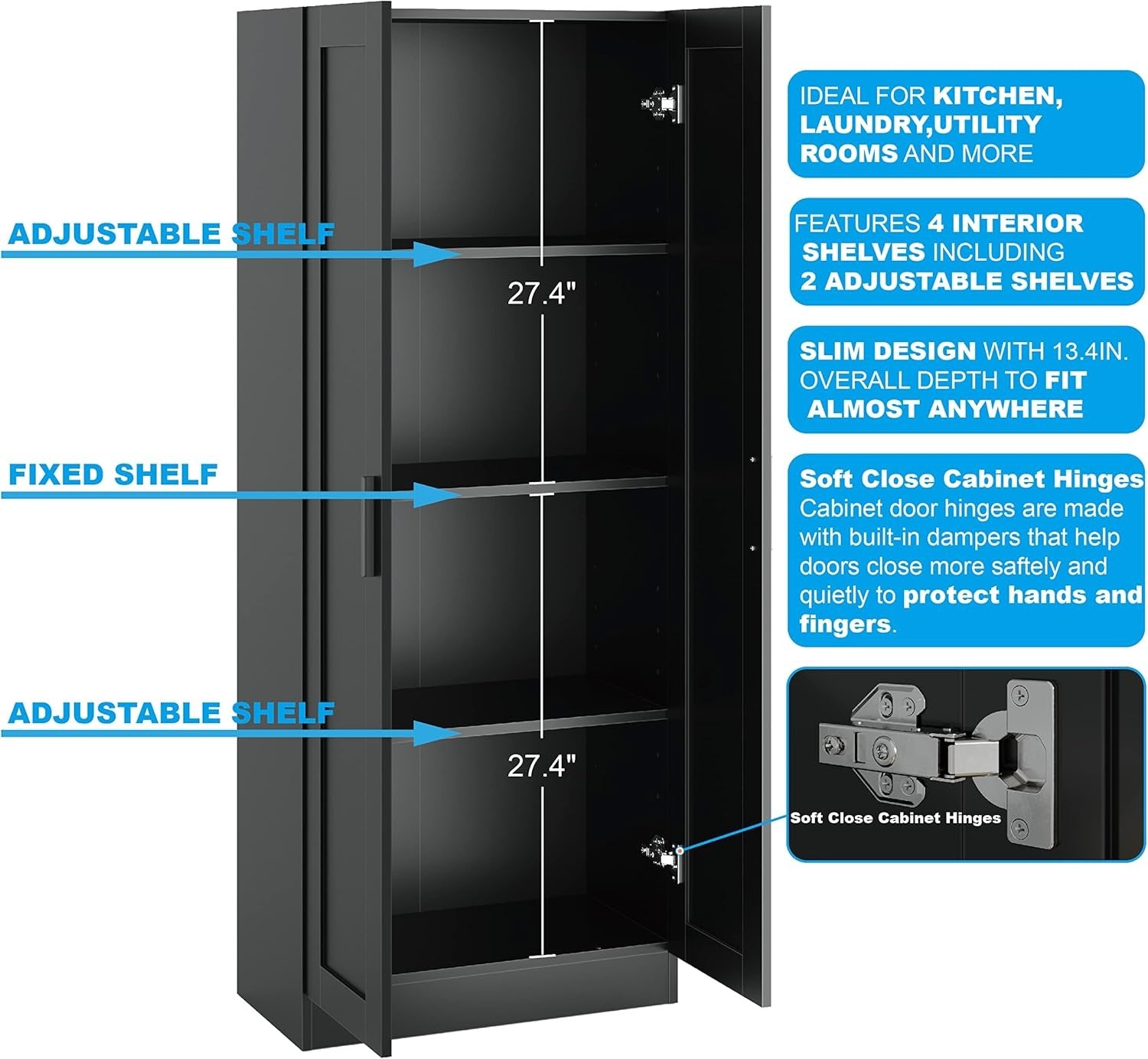 Wooden Storage Cabinet, Freestanding Tall Kitchen Cupboard Narrow Pantry Cabinet