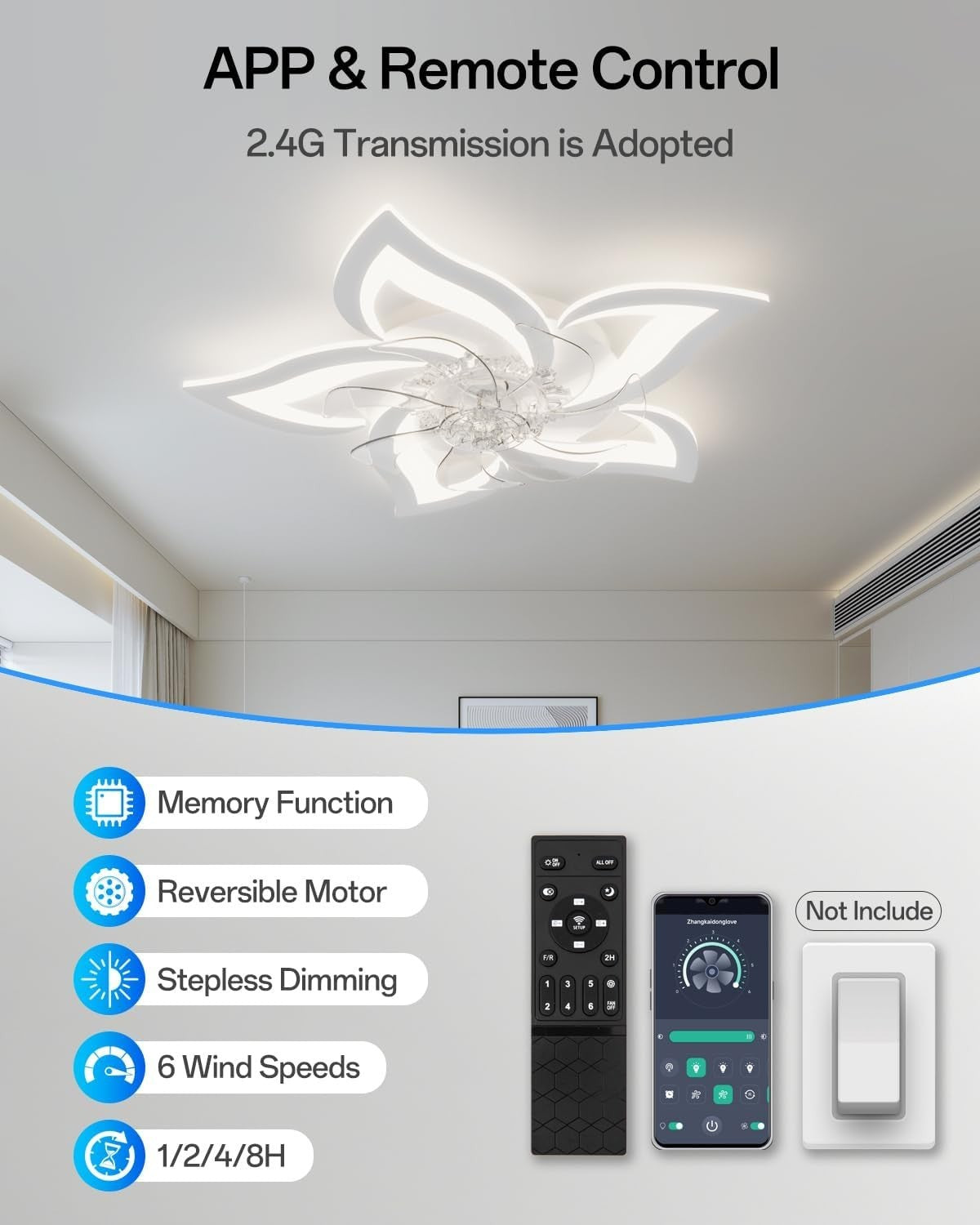 Ceiling Fan with Lights, 6 Speeds, Dimmable LED, White
