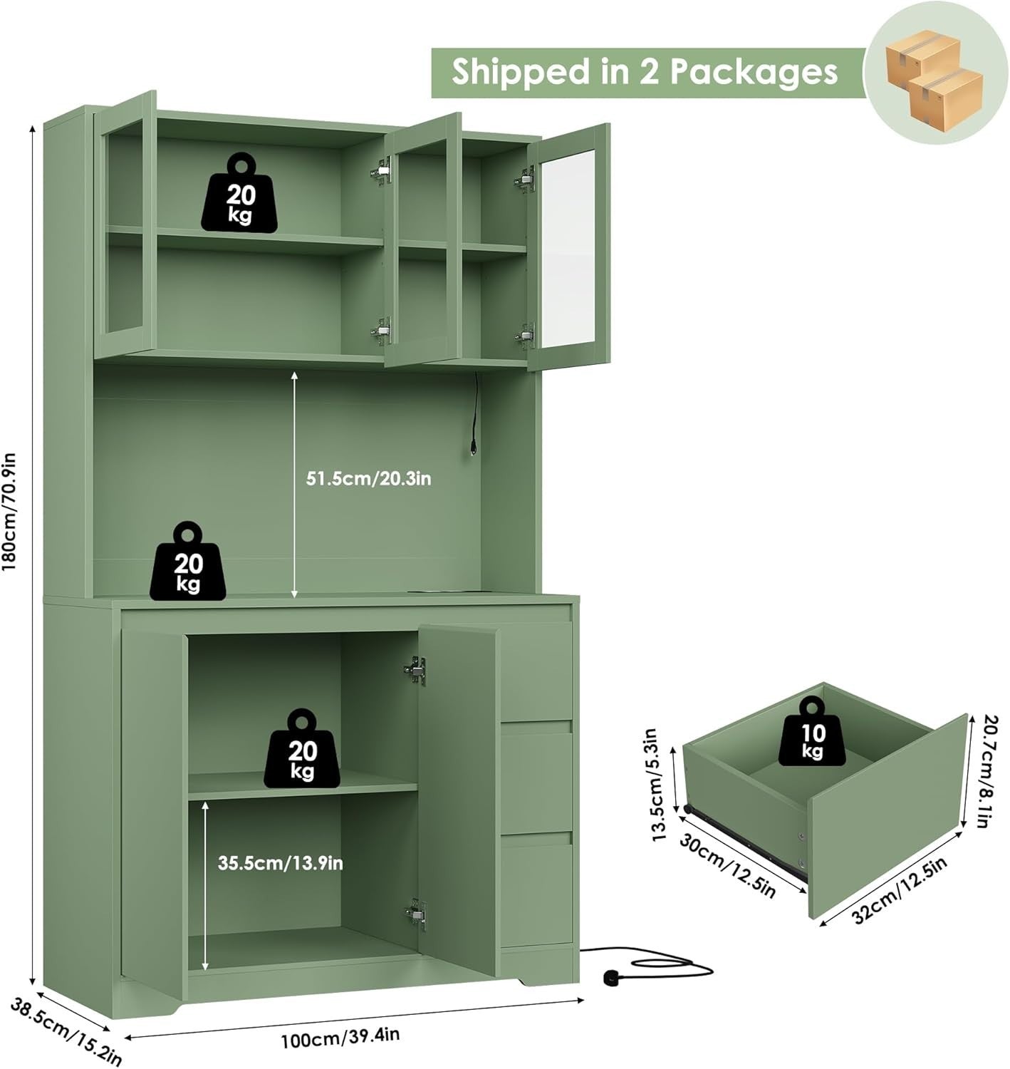 Green Tall Kitchen Cupboard with LED, Sockets, Drawers & Shelves