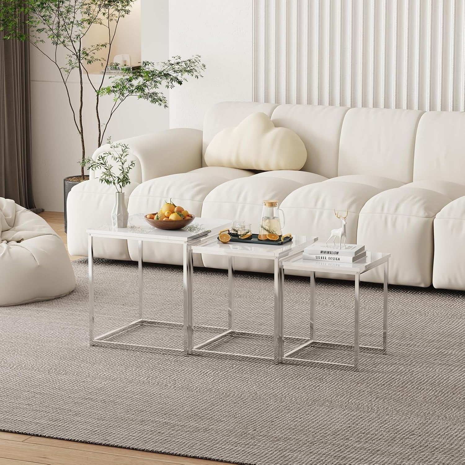 Space Saving Nesting Coffee Tables Set of 3 White Modern Side End Living Room