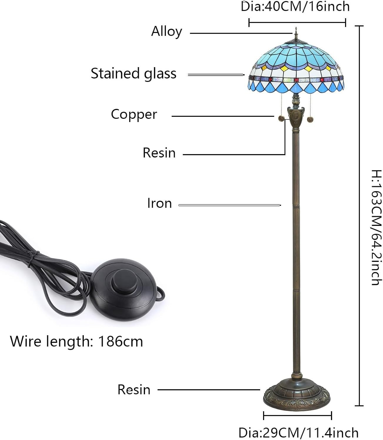Blue Tiffany Floor Lamp with Stained Glass Shade & Foot Switch