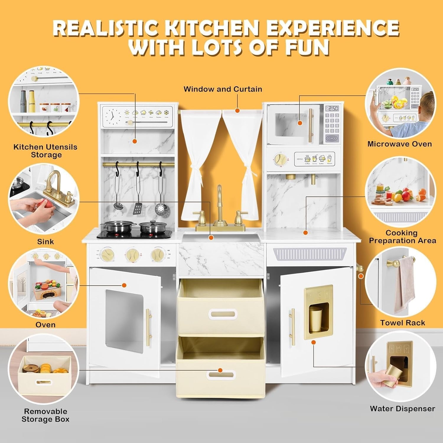 Large Wooden Kids Play Kitchen White Lights Sounds Toy Kitchen Set