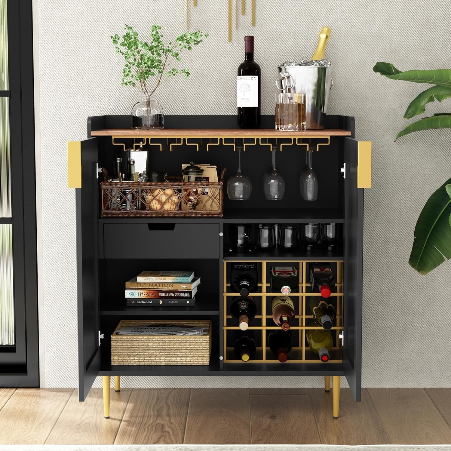 Modern Drinks Cabinet with Wine Rack & Glass Holders – 9 Bottle Sideboard