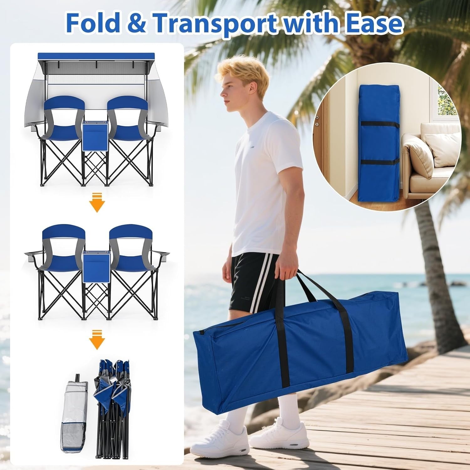 2 Seater Folding Camping Chair with Canopy, Cup Holders & Storage – Navy