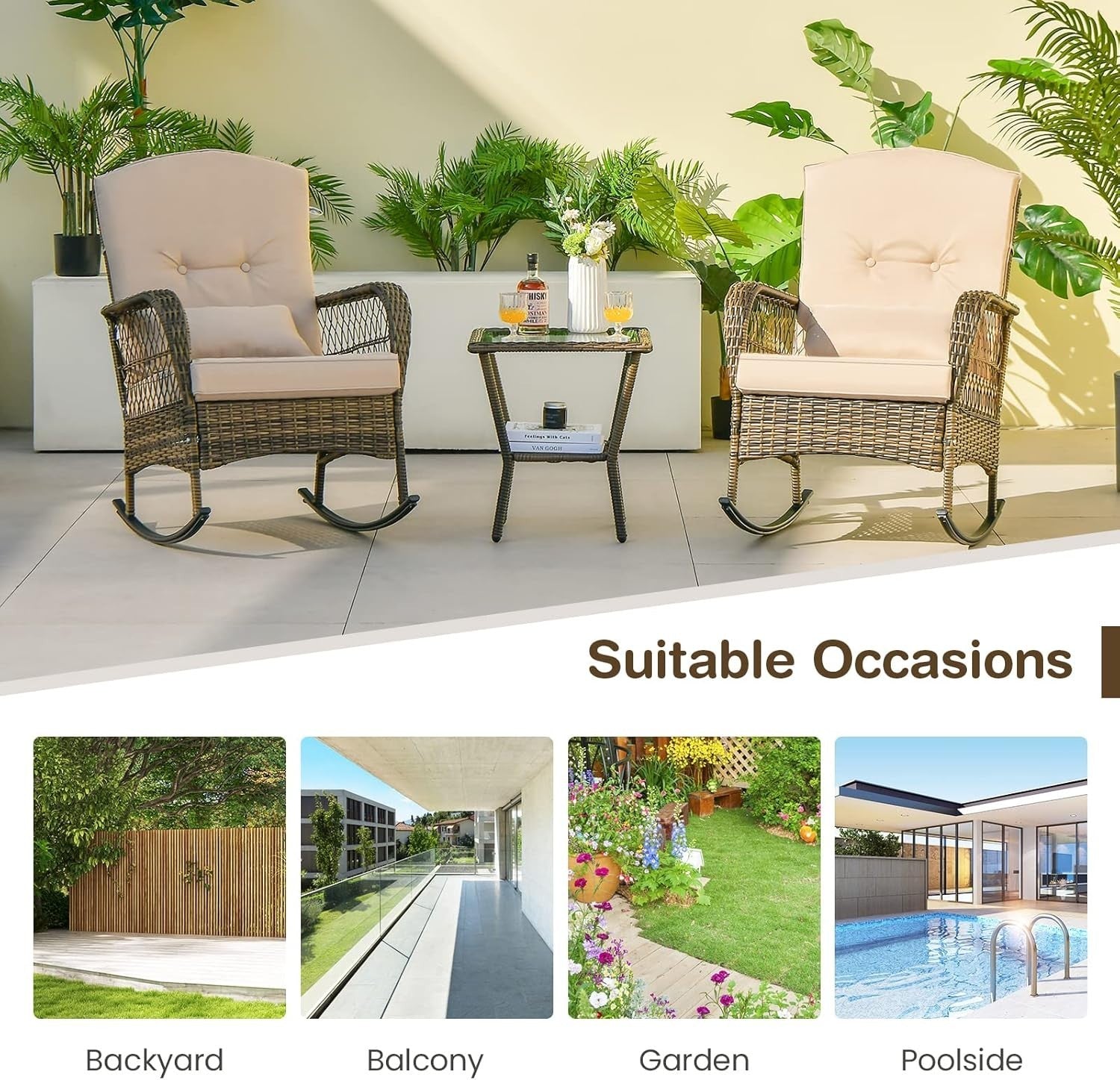 3-Piece Rattan Patio Bistro Set with Cushioned Rocking Chairs & Glass Table