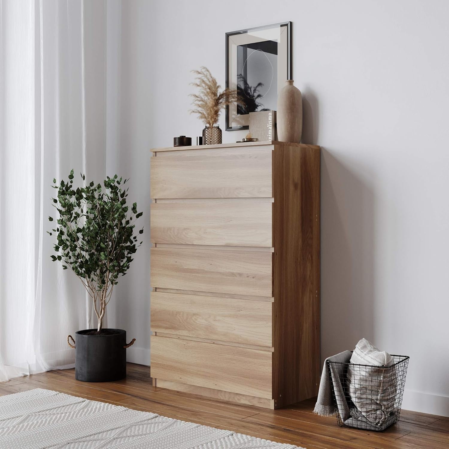 Tall 5 Drawer Chest Oak Wood Storage Unit Modern Bedroom No Handle Design