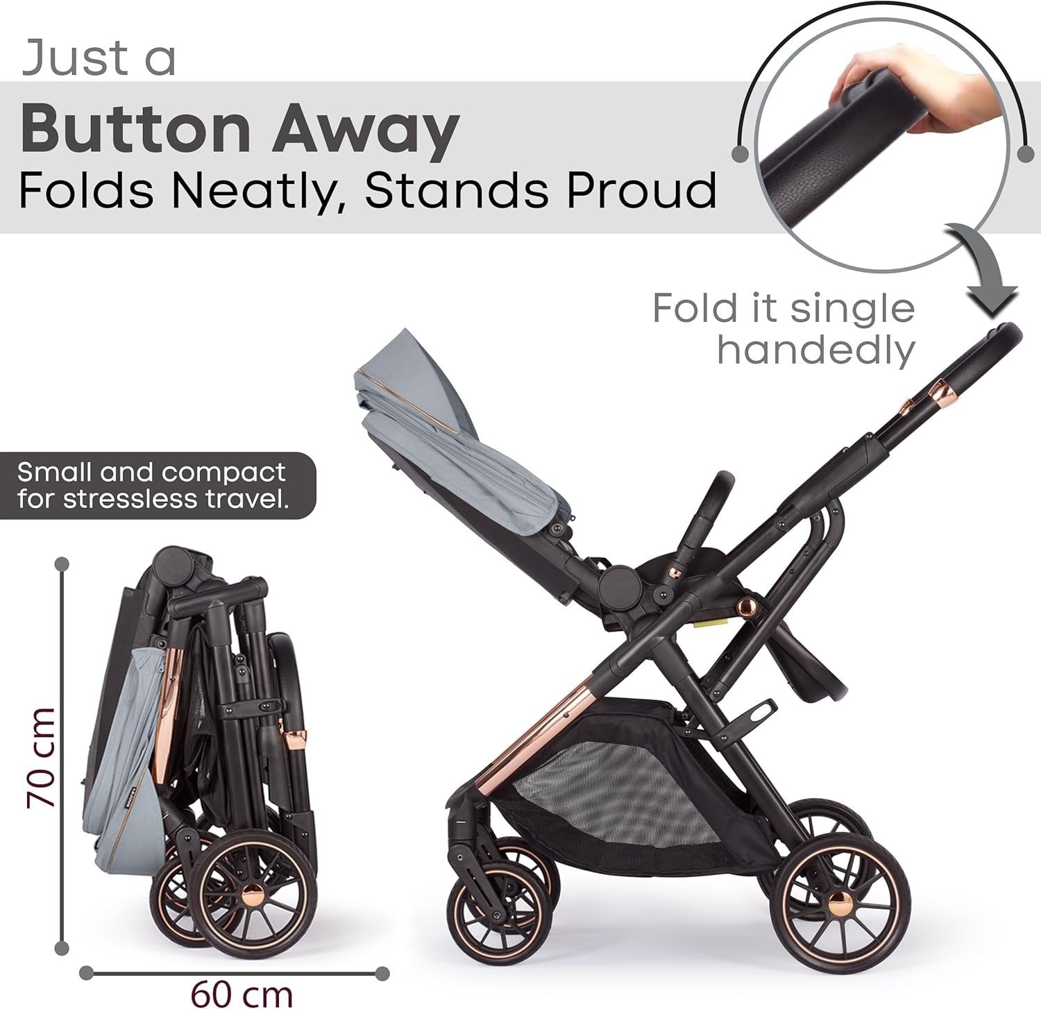 Baby Pushchair Reclining Seat Smooth Suspension Compact Stroller Grey