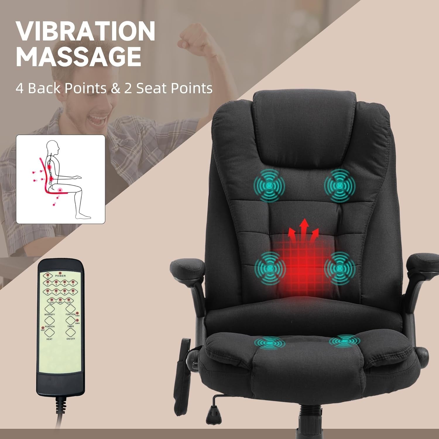 Heated Massage Office Chair 6 Point High Back Recliner Black