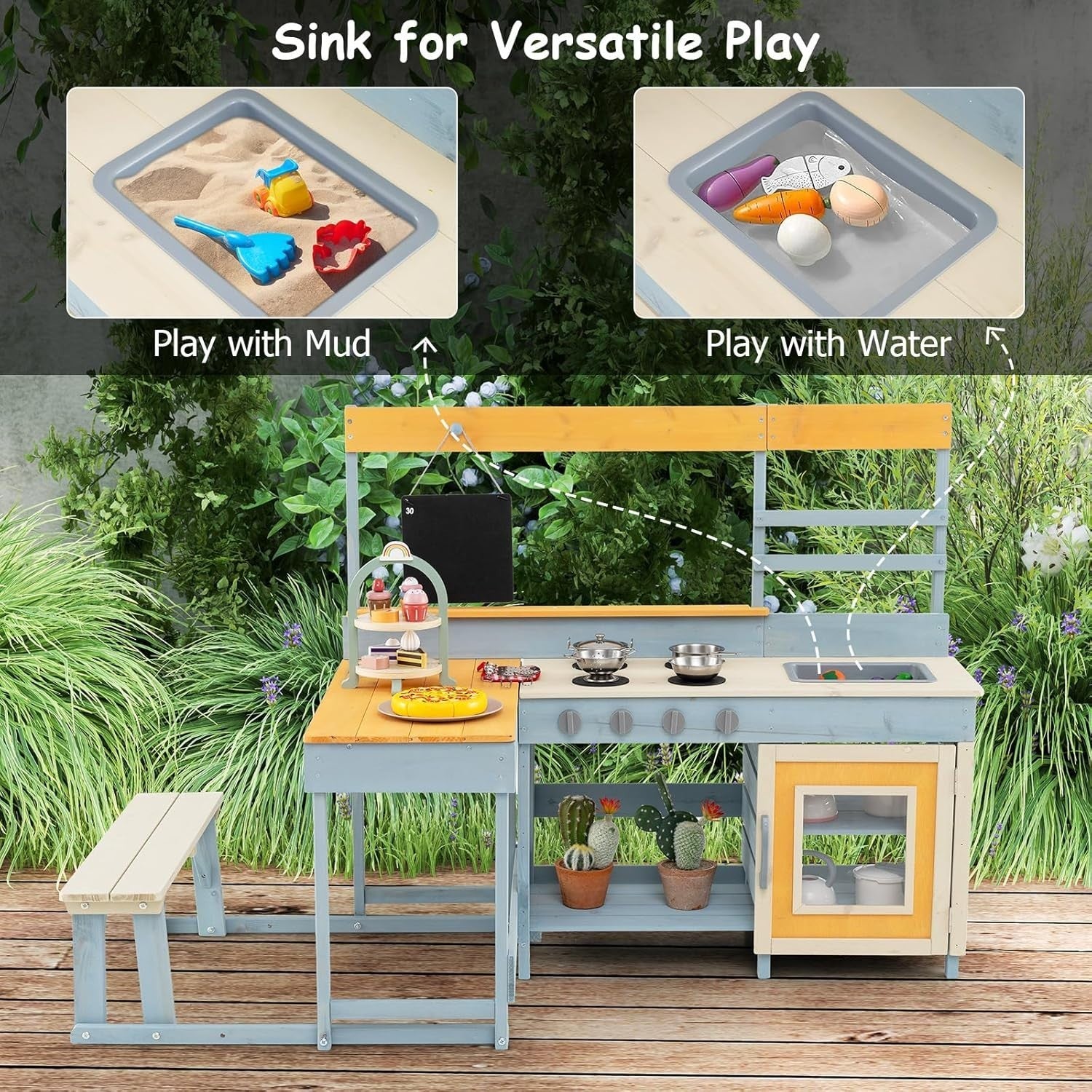 Kids Mud Kitchen Outdoor Wooden Play Kitchen Picnic Table Grey Blue