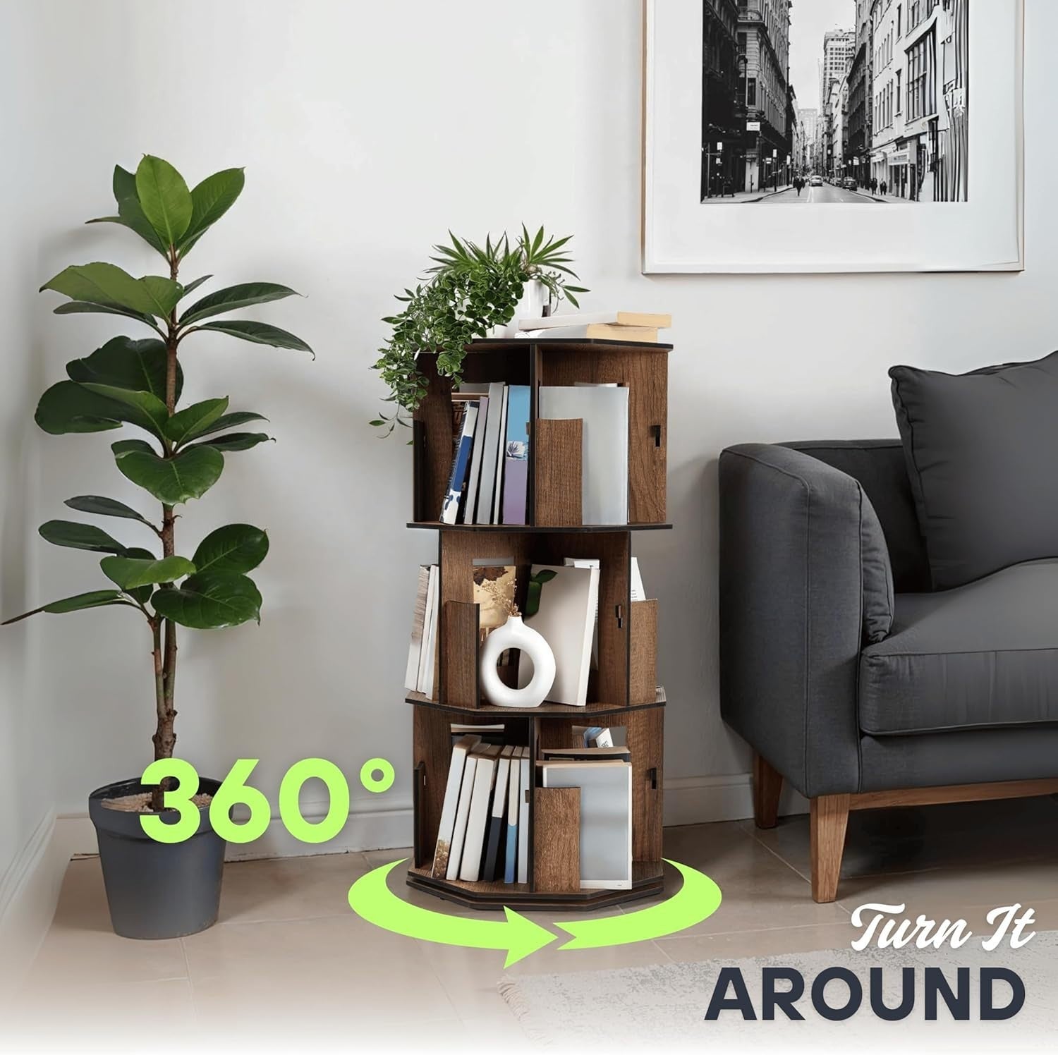 3 Tier Rotating Kids Bookshelf Walnut Corner Shelf Wooden Storage Organizer