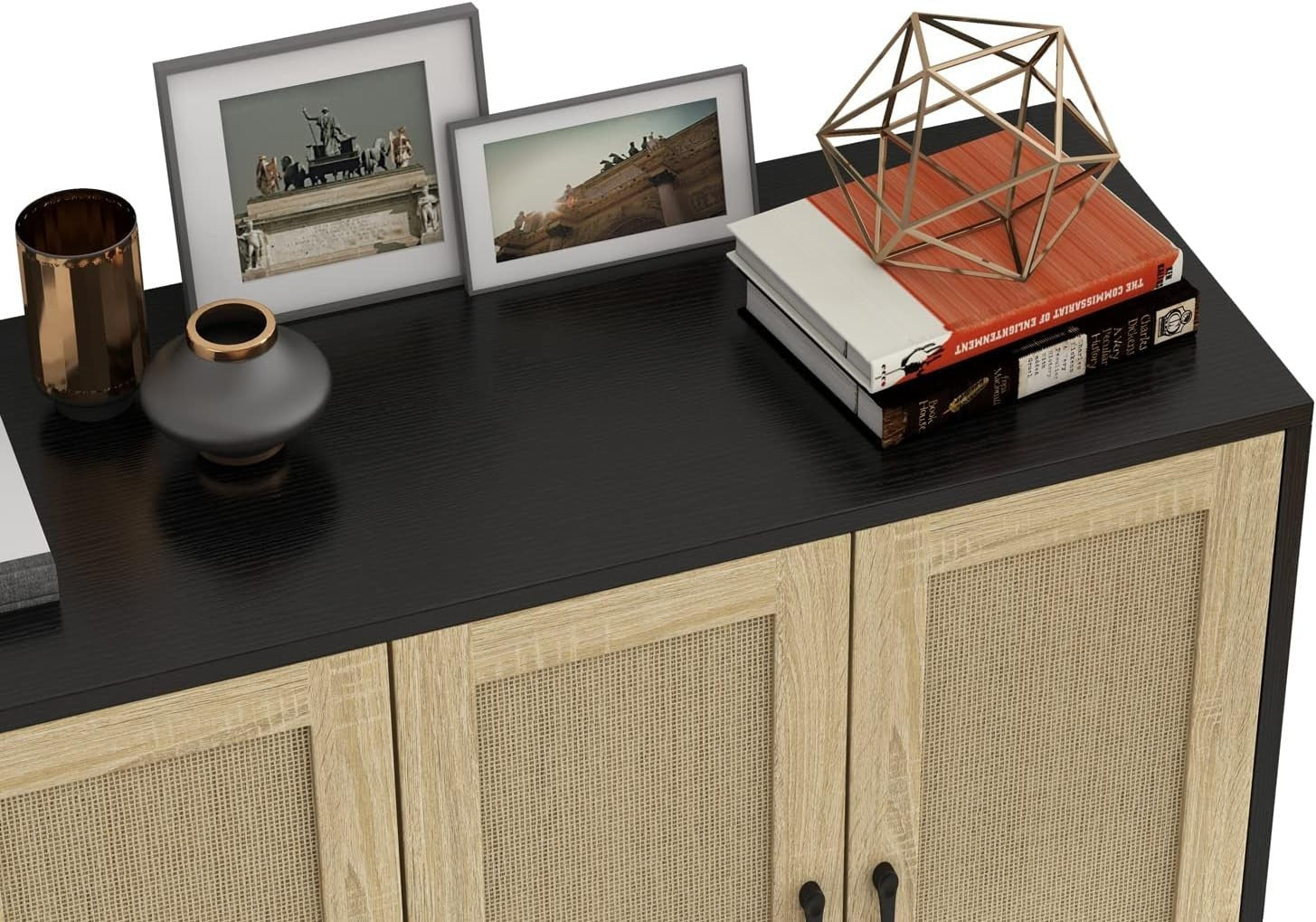 Black Buffet Storage Cabinet with Rattan Doors Adjustable Shelves Modern
