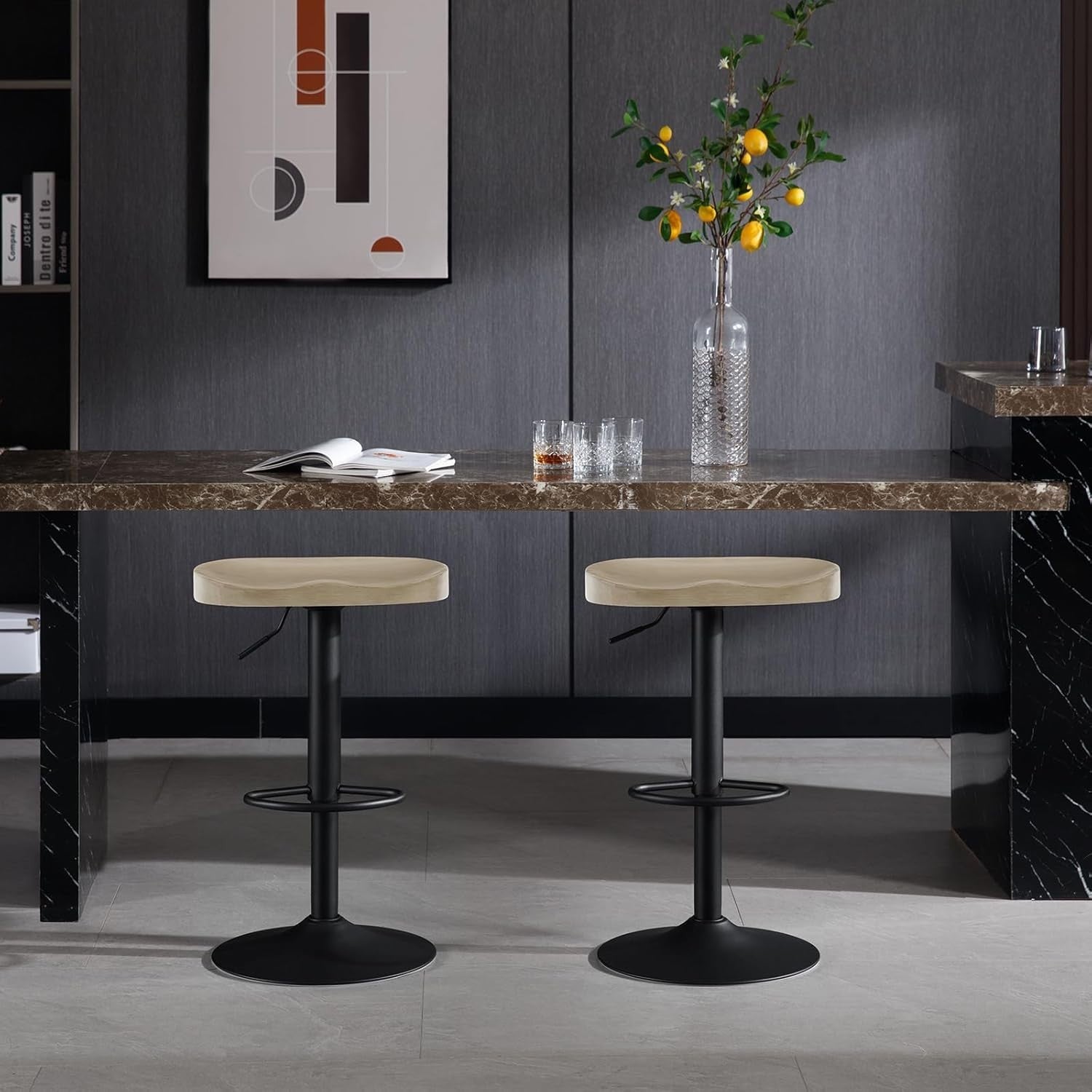 Set of 2 Light Wood Effect Swivel Bar Stools Adjustable Height Saddle Seat