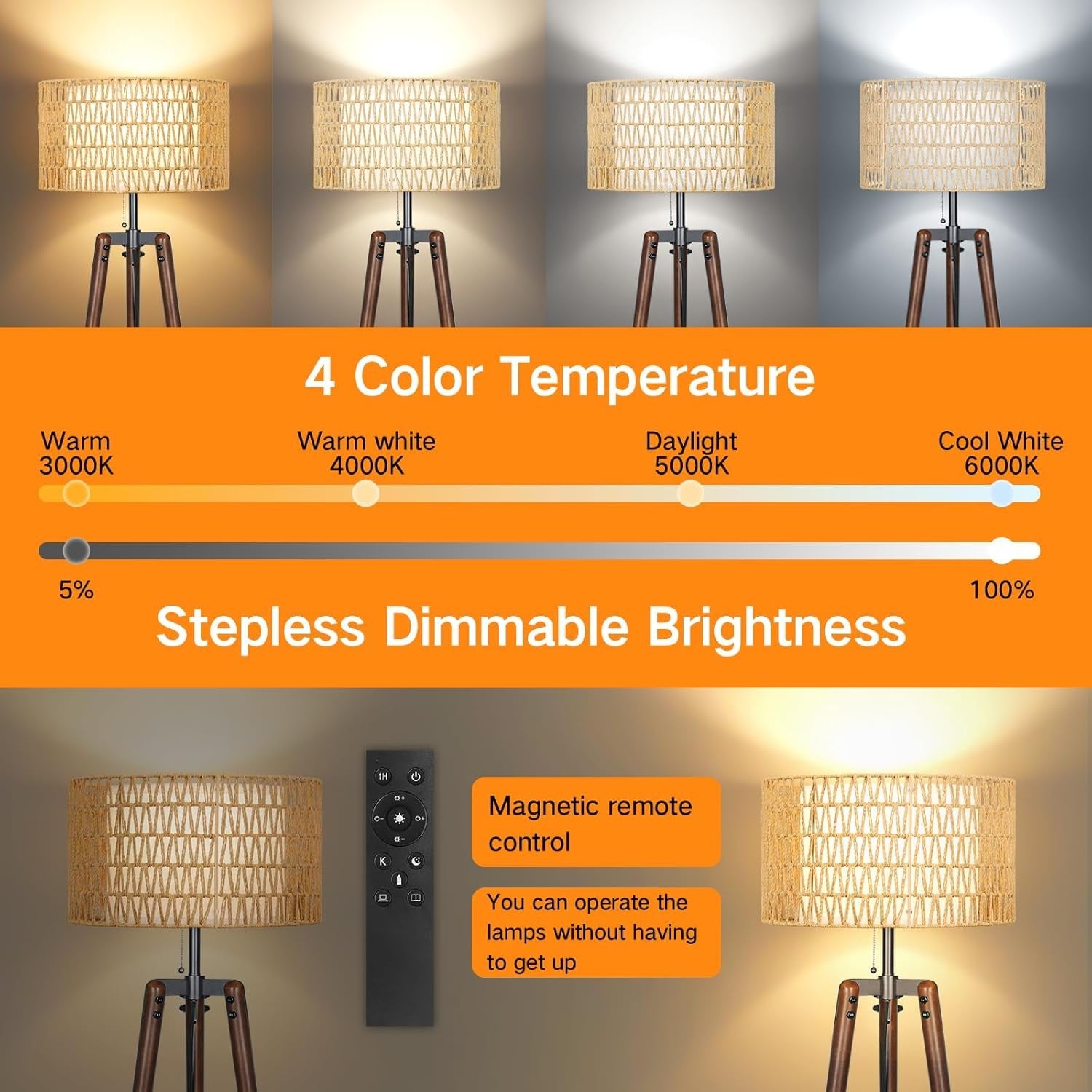 Tripod Floor Lamp Rattan Linen Shade Dimmable Remote Boho Standing Light