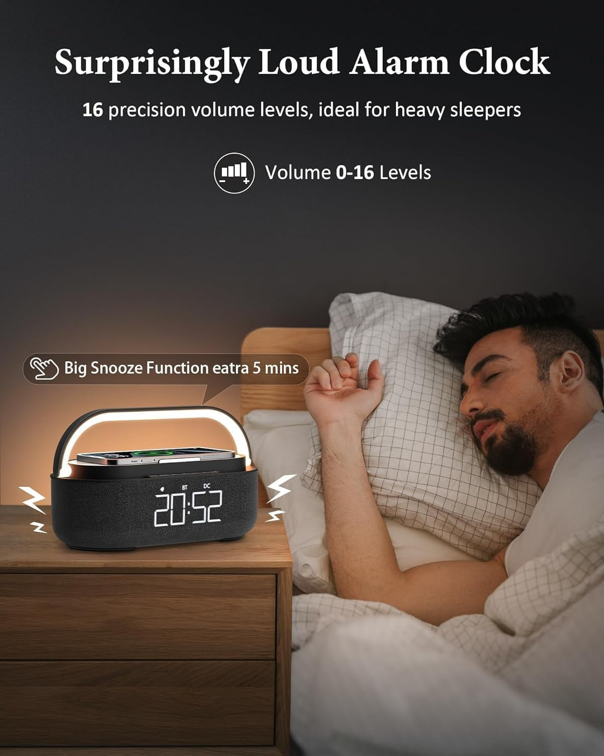 Bluetooth Alarm Clock Wireless Charger Speaker FM Radio Snooze