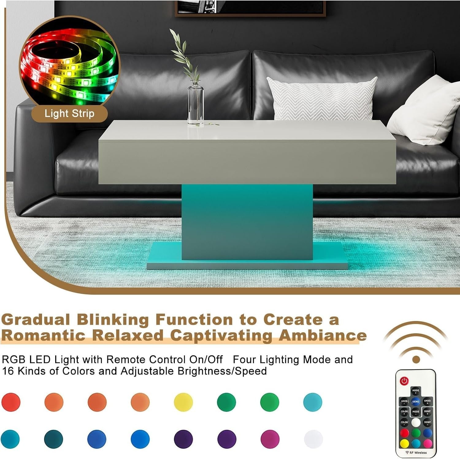 Modern Grey LED Coffee Table, High Gloss Rectangular 110x55cm