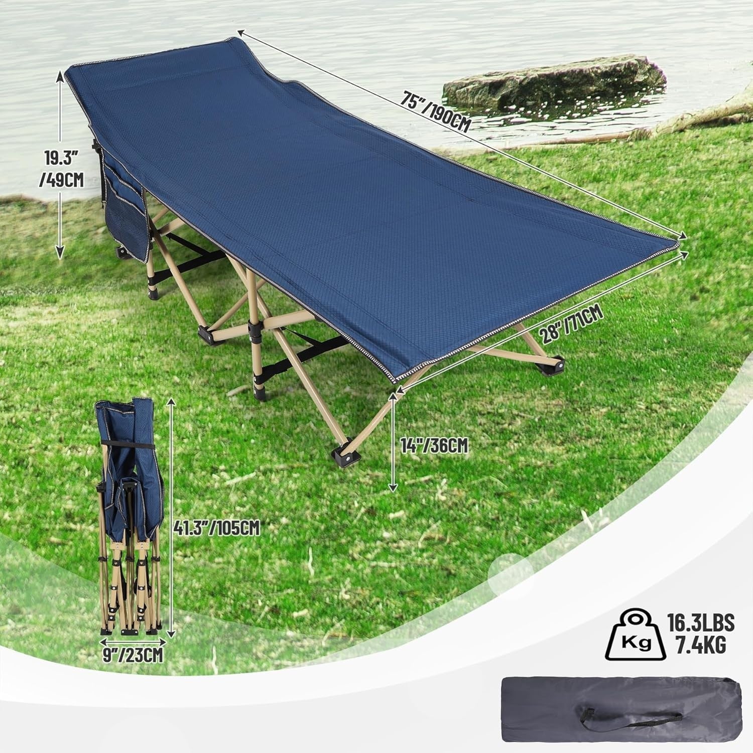 Folding Camp Bed with Thick Mattress | 500lbs Heavy Duty Blue Sleeping Cot