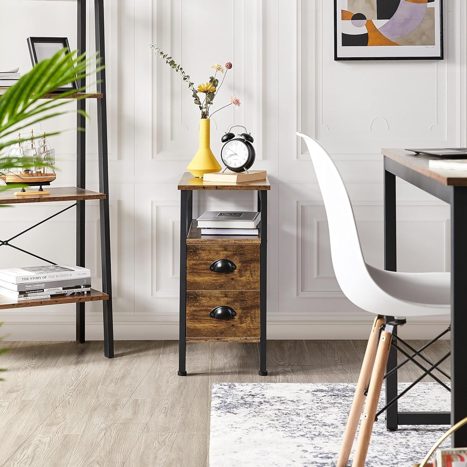 Slim Bedside Table with Drawers & Shelf for Small Spaces – Rustic Storage