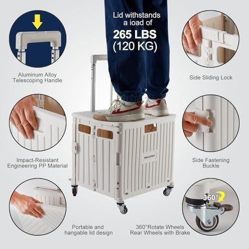 Folding Utility Cart Rolling Crate Trolley Lid Basket 360° Wheels White