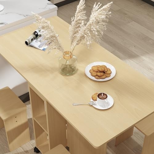 Folding Drop Leaf Dining Table with 4 Stools Space Saving Wheeled Design