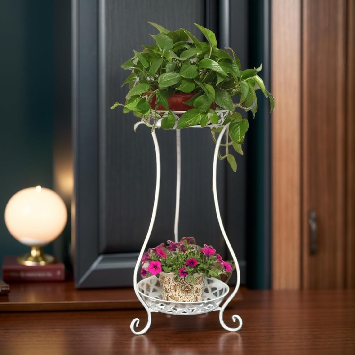 2 Tier White Metal Plant Stand Indoor Outdoor Flower Pot Display Rack 79CM