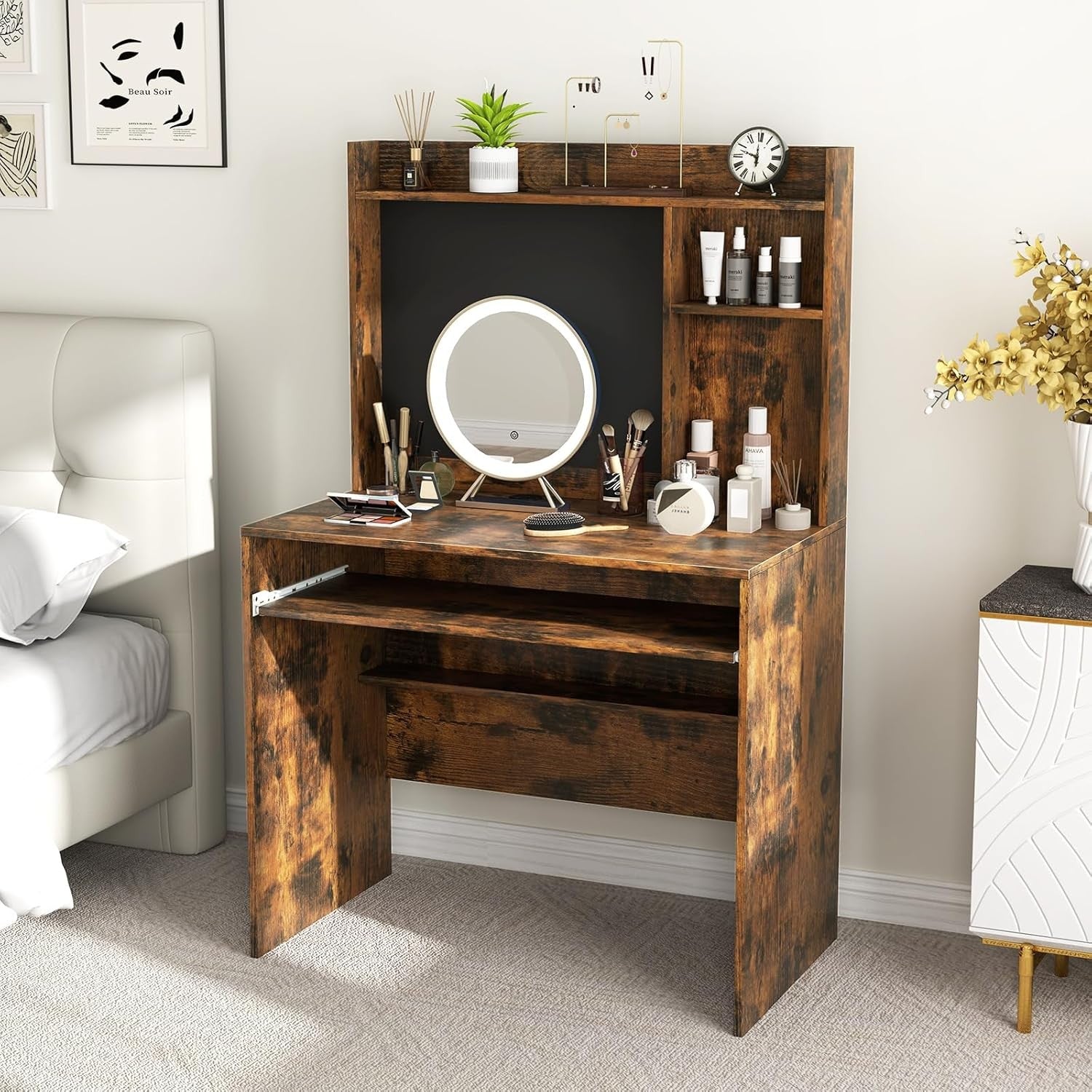 Computer Desk with Hutch Storage Keyboard Tray Study Workstation Rustic