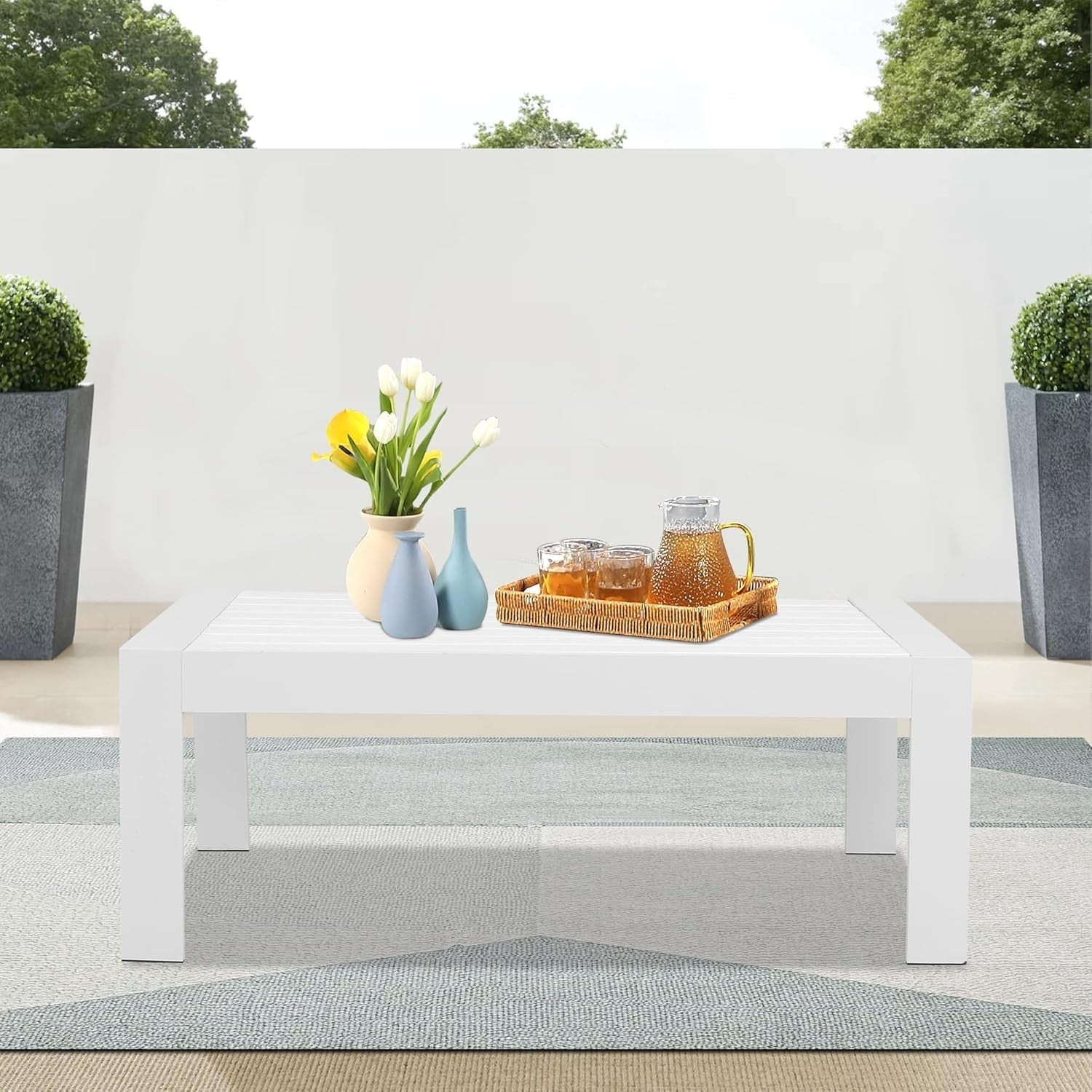 White Aluminum Outdoor Coffee Table, Rectangle Patio Table 109x61cm